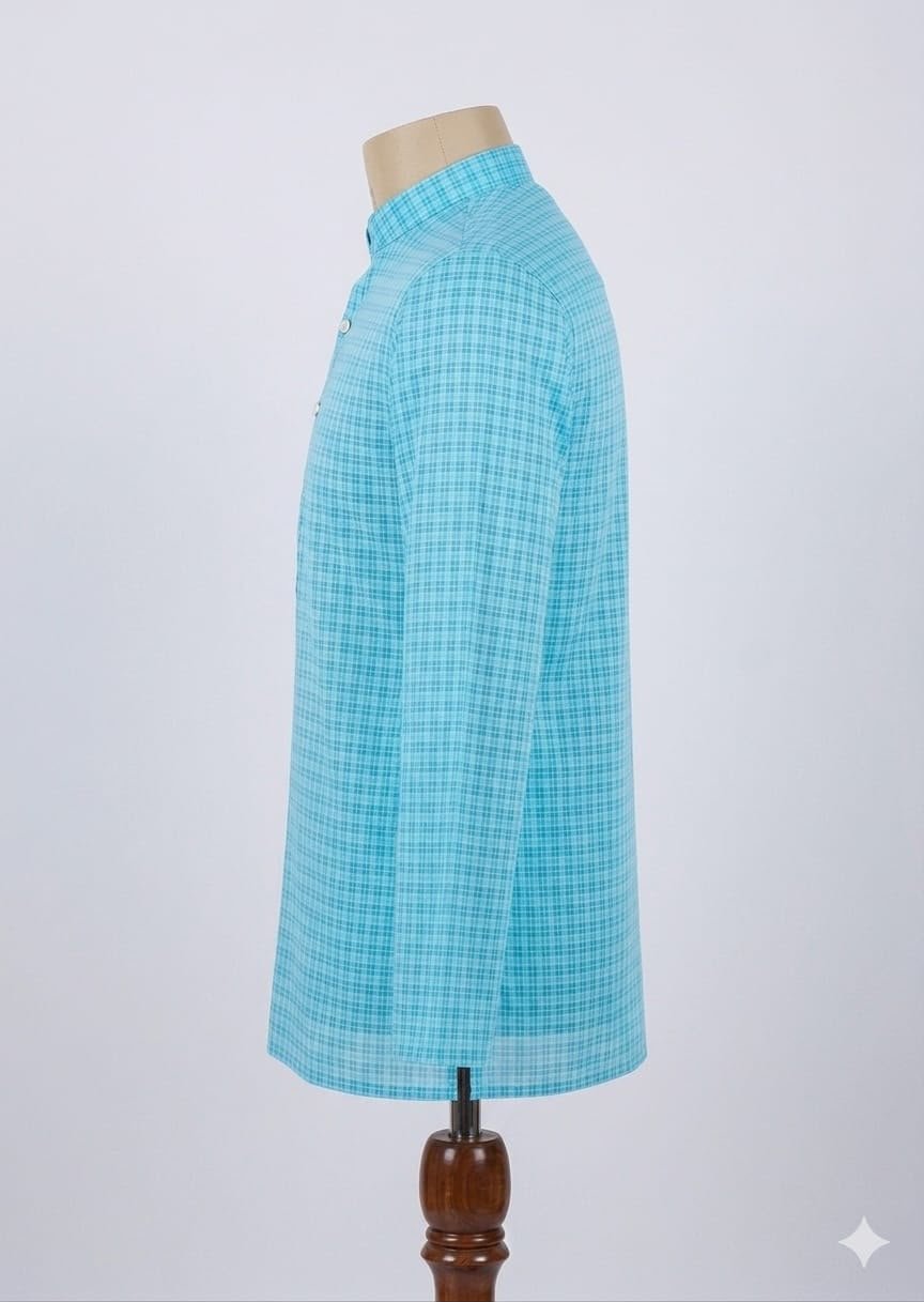 Men's Khadi Full Sleeves Balani Silk Kurta Set – Sky Blue Checks - Image 3