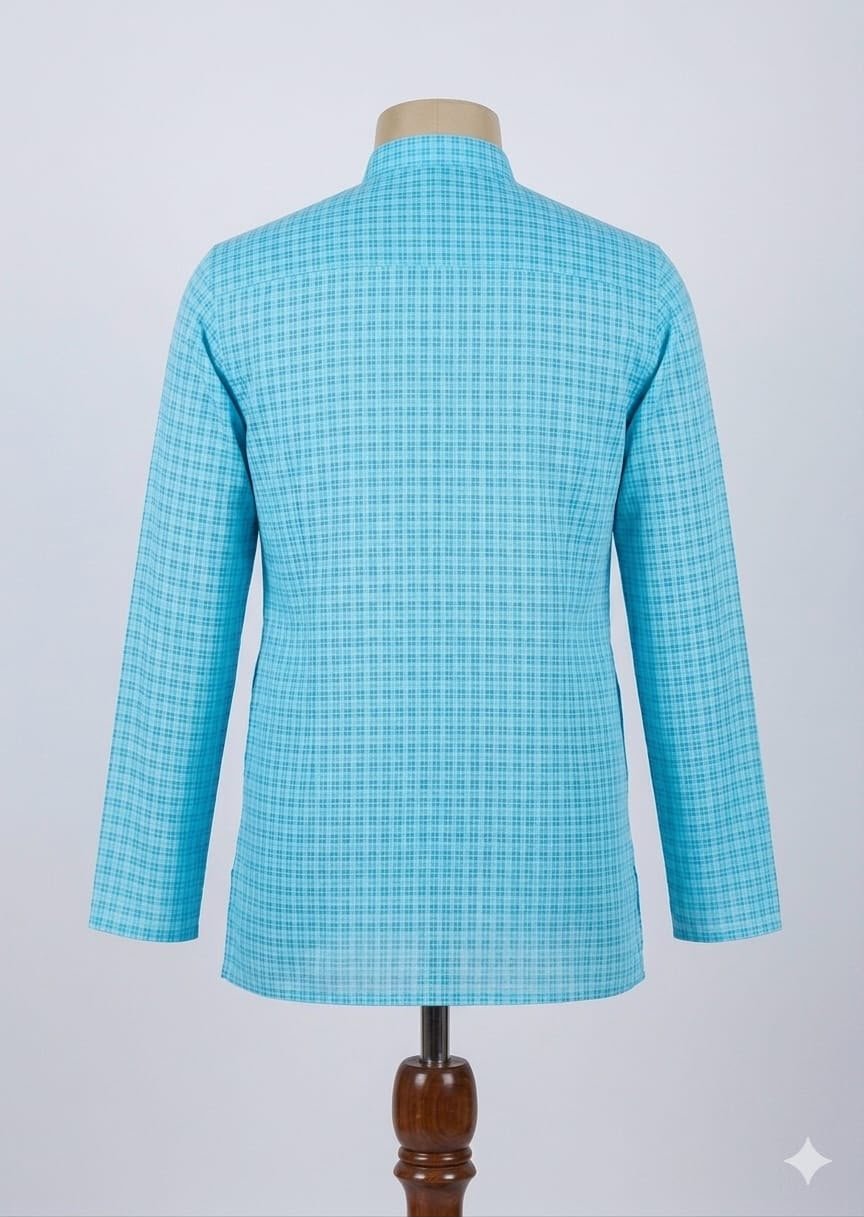 Men's Khadi Full Sleeves Balani Silk Kurta Set – Sky Blue Checks - Image 2