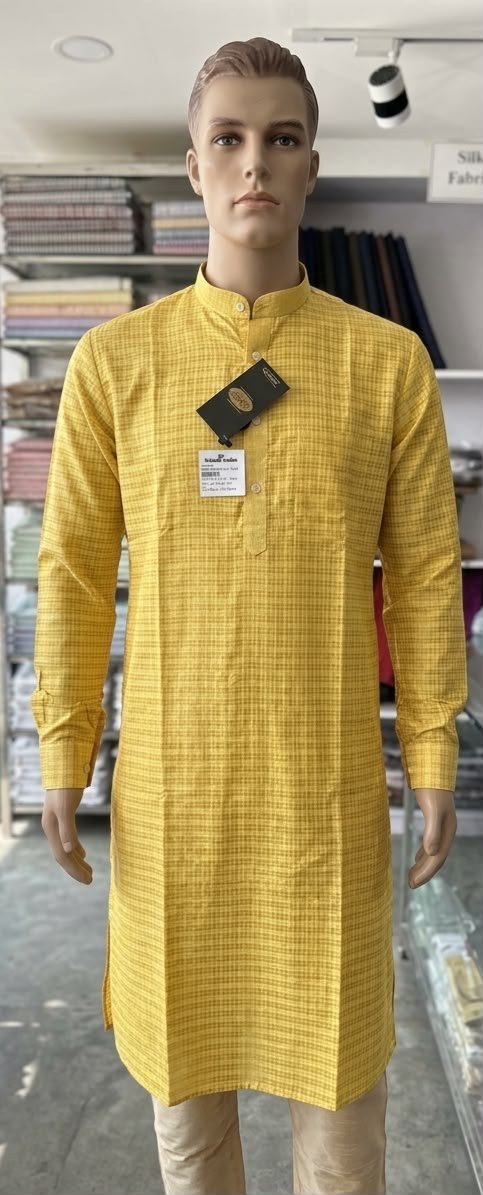 Men's Khadi Full Sleeves Balani Silk Kurta Set – Mustard Yellow Checks
