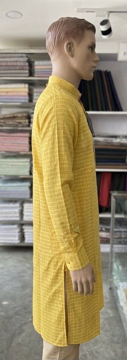 Men's Khadi Full Sleeves Balani Silk Kurta Set – Mustard Yellow Checks - Image 3