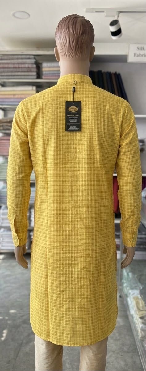 Men's Khadi Full Sleeves Balani Silk Kurta Set – Mustard Yellow Checks - Image 2