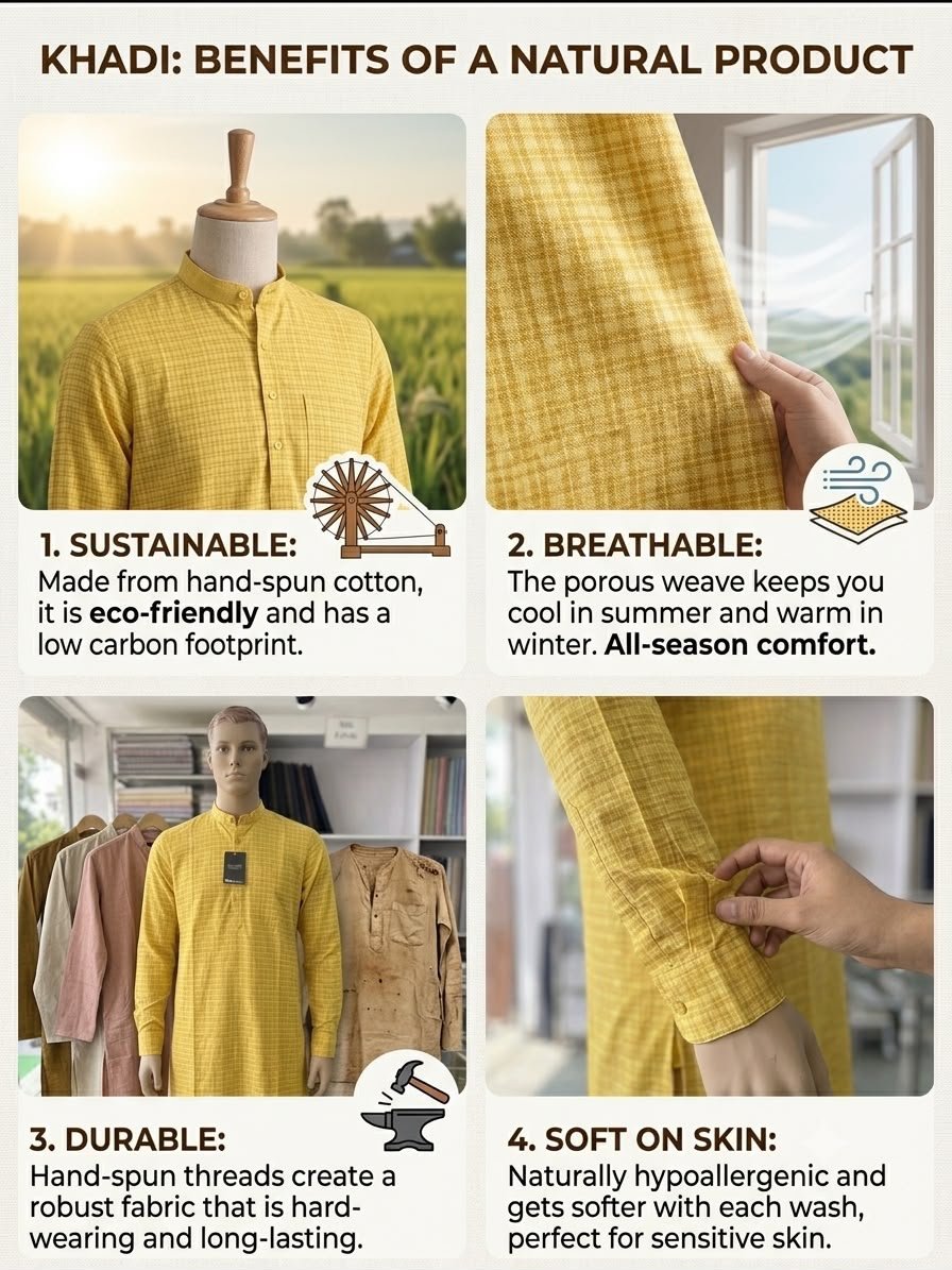 Men's Khadi Full Sleeves Balani Silk Kurta Set – Mustard Yellow Checks - Image 4