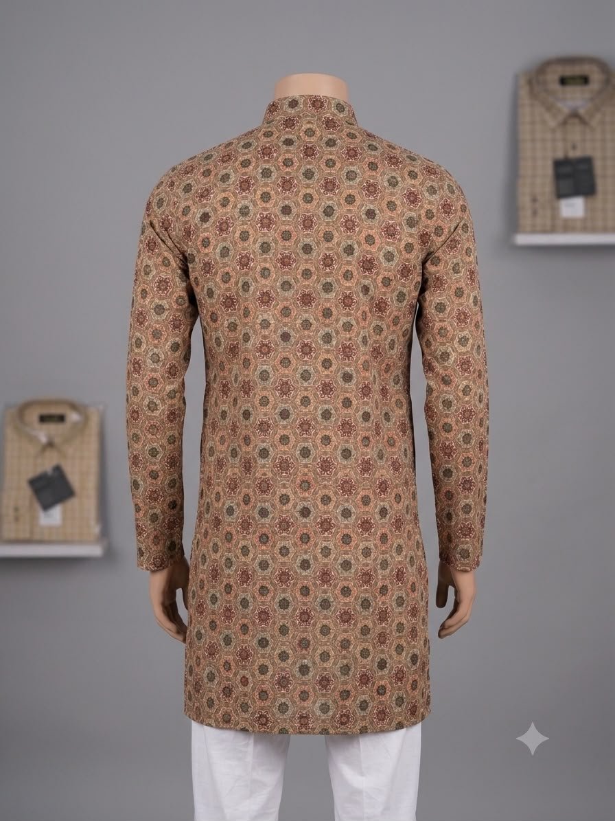 Men's Khadi Full Sleeves Poly Cotton Printed Kurta Set – Beige Multicolor Print - Image 2