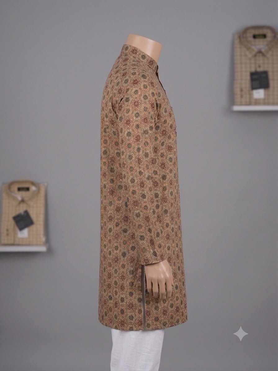 Men's Khadi Full Sleeves Poly Cotton Printed Kurta Set – Beige Multicolor Print - Image 3