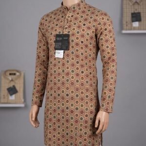 Men's Khadi Full Sleeves Poly Cotton Printed Kurta Set – Beige Multicolor Print
