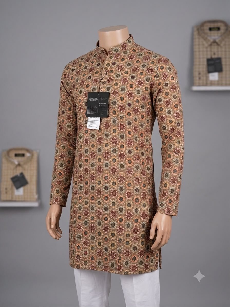 Men's Khadi Full Sleeves Poly Cotton Printed Kurta Set – Beige Multicolor Print