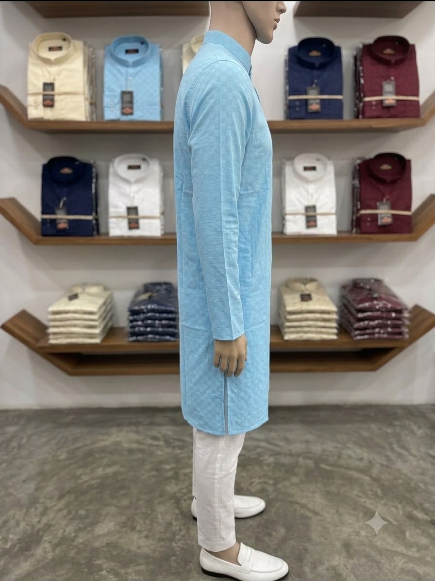 Men's Khadi Full Sleeves Poly Cotton Printed Kurta Set – Sky Blue Self-Print - Image 3