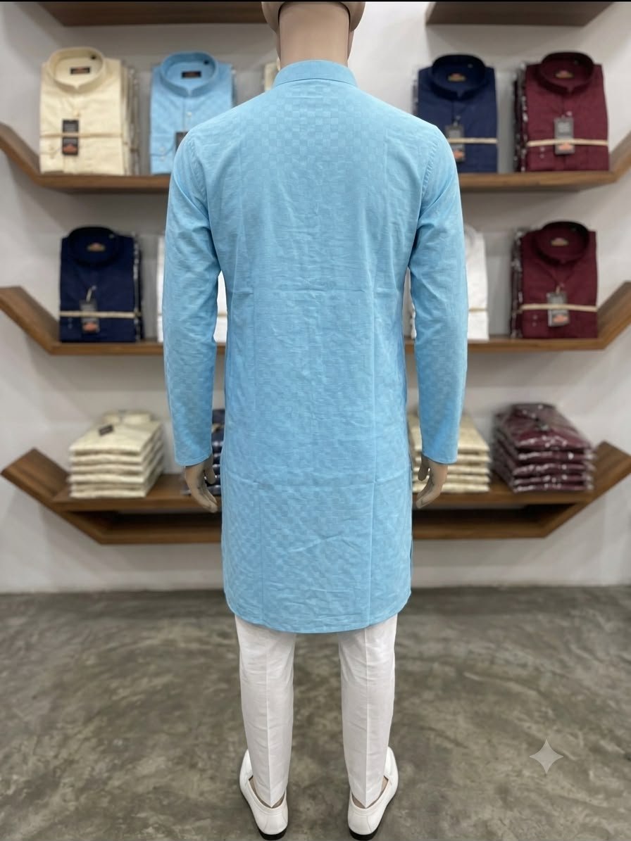 Men's Khadi Full Sleeves Poly Cotton Printed Kurta Set – Sky Blue Self-Print - Image 2