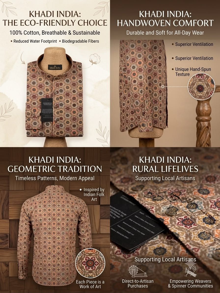 Men's Khadi Full Sleeves Poly Cotton Printed Kurta Set – Beige Multicolor Print - Image 4