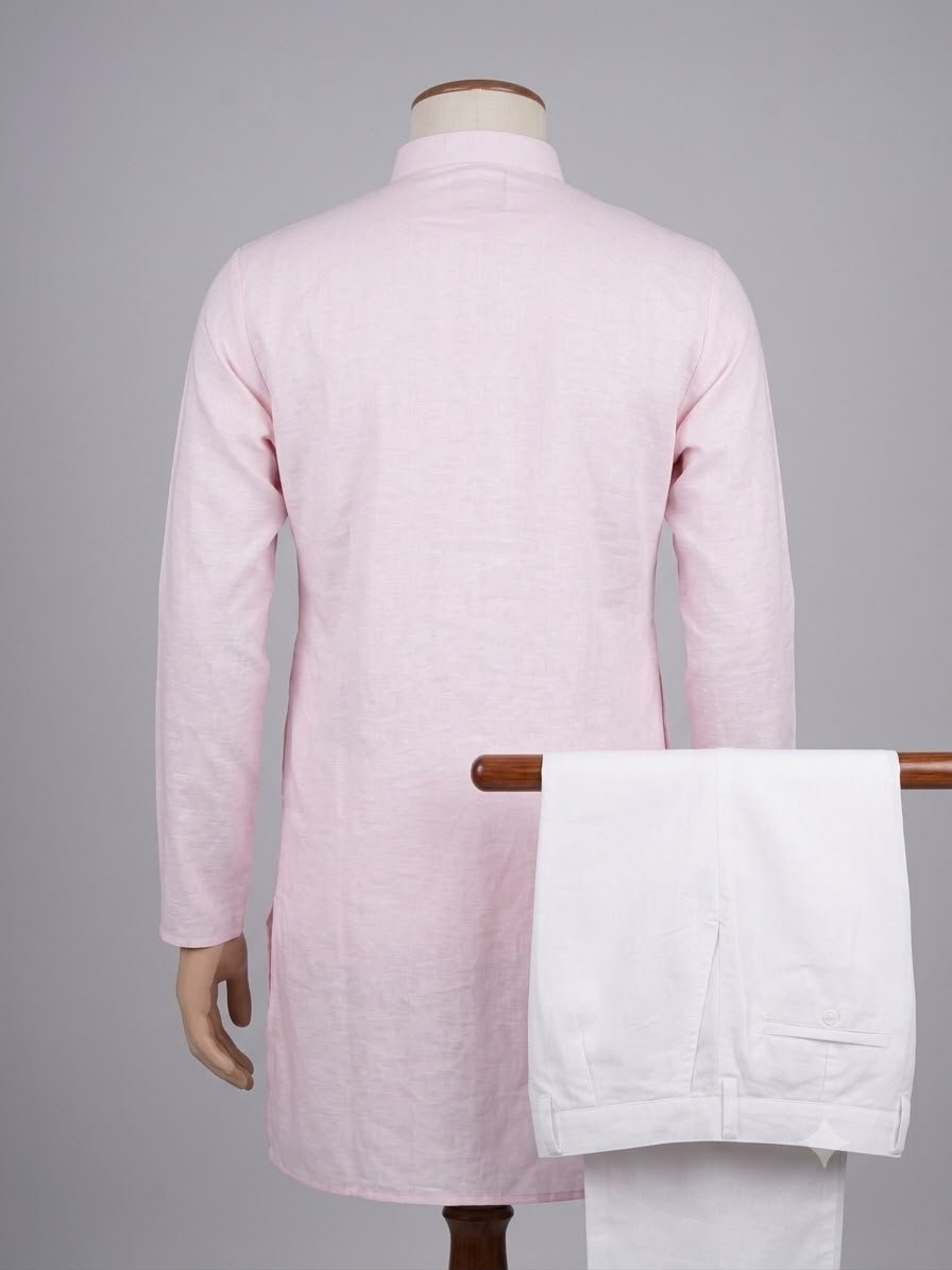 Men's Khadi Full Sleeves Poly Cotton Kurta Set – Light Pink - Image 2