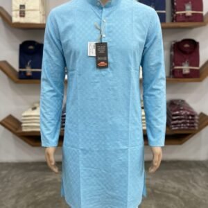 Men's Khadi Full Sleeves Poly Cotton Printed Kurta Set – Sky Blue Self-Print