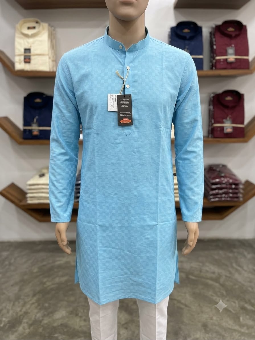 Men's Khadi Full Sleeves Poly Cotton Printed Kurta Set – Sky Blue Self-Print