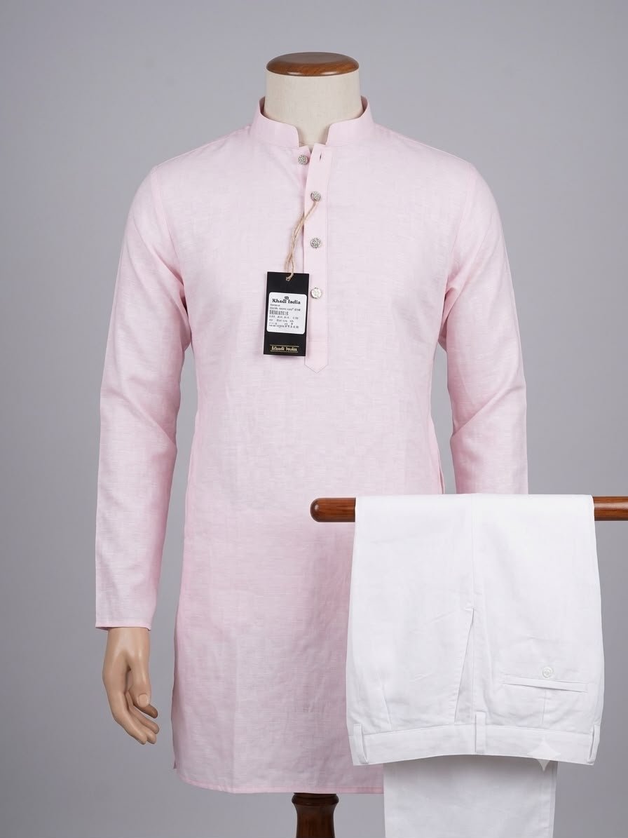 Men's Khadi Full Sleeves Poly Cotton Kurta Set – Light Pink