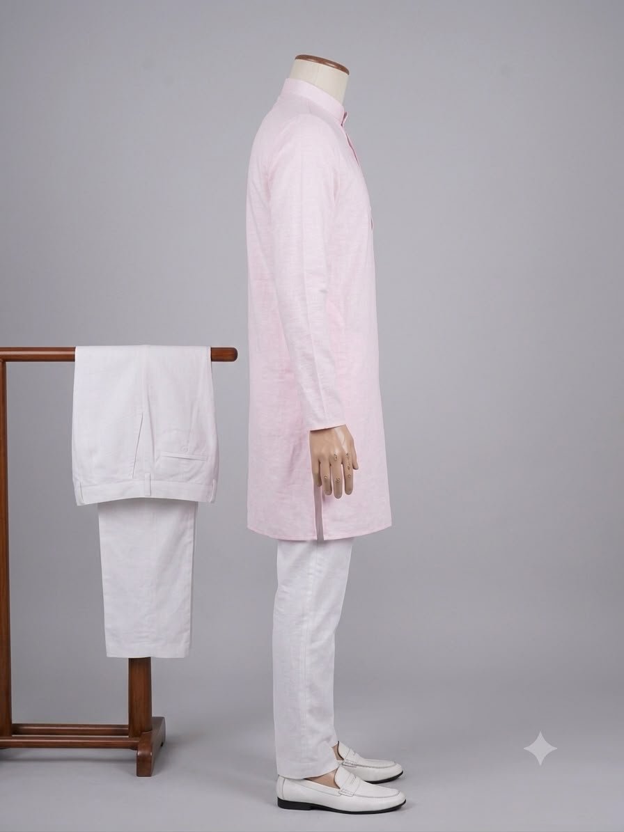 Men's Khadi Full Sleeves Poly Cotton Kurta Set – Light Pink - Image 3