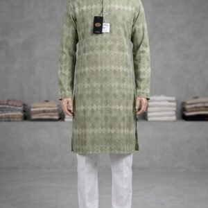 Men's Khadi Full Sleeves Poly Cotton Printed Kurta Set – Sage Green Geometric Print