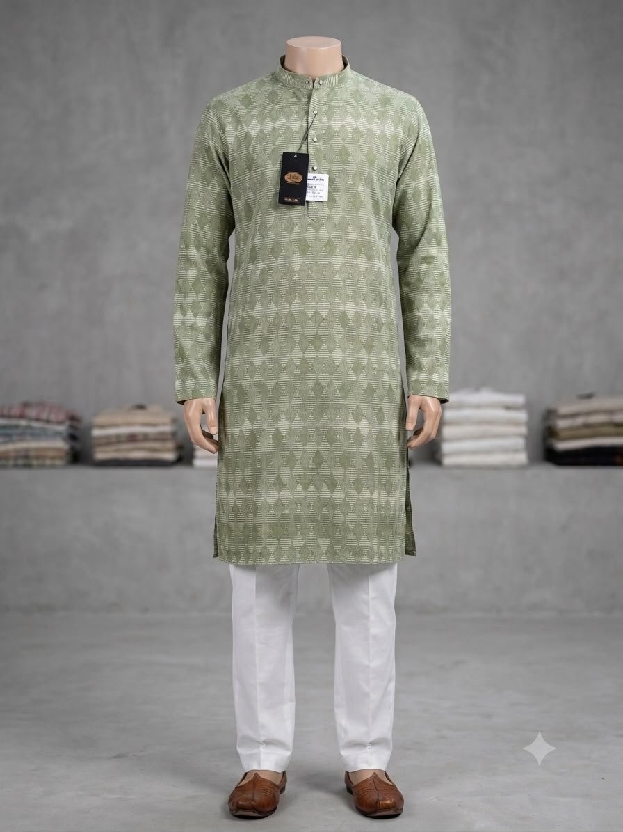 Men's Khadi Full Sleeves Poly Cotton Printed Kurta Set – Sage Green Geometric Print