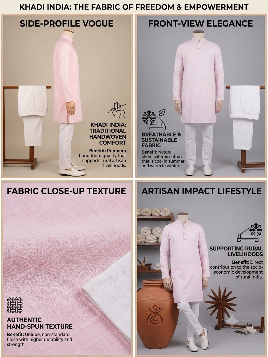 Men's Khadi Full Sleeves Poly Cotton Kurta Set – Light Pink - Image 4
