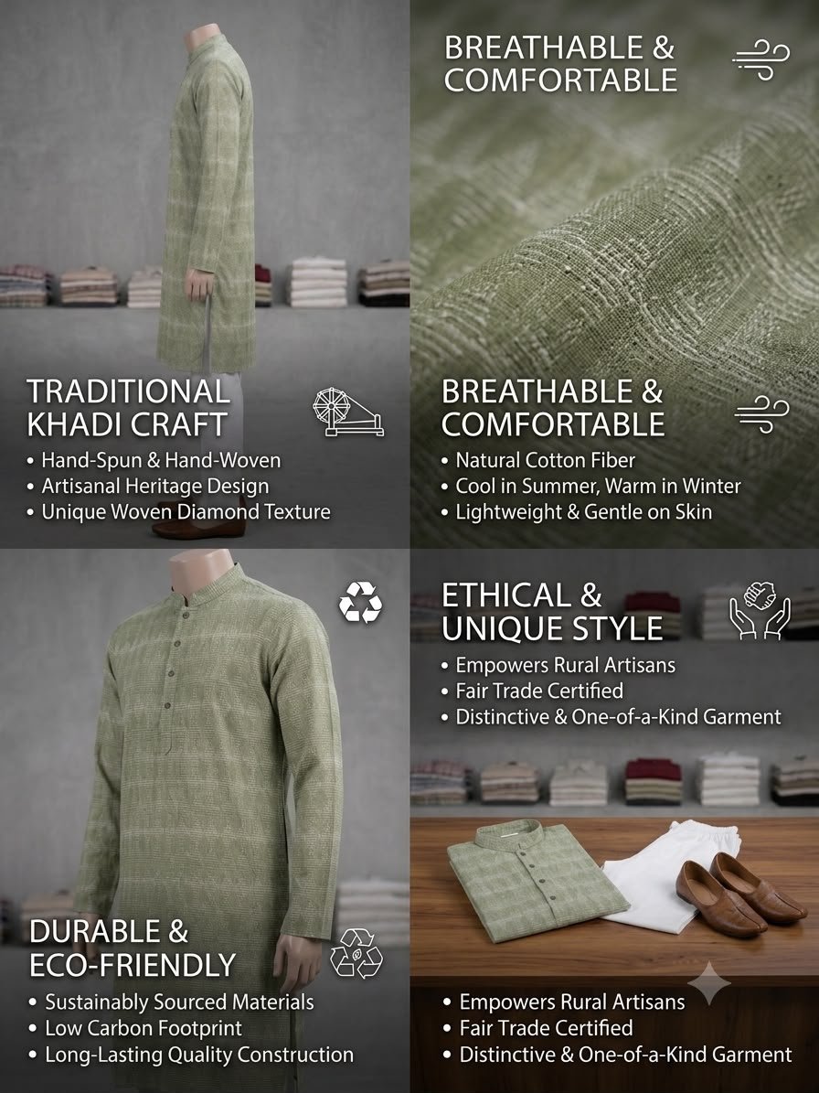Men's Khadi Full Sleeves Poly Cotton Printed Kurta Set – Sage Green Geometric Print - Image 4