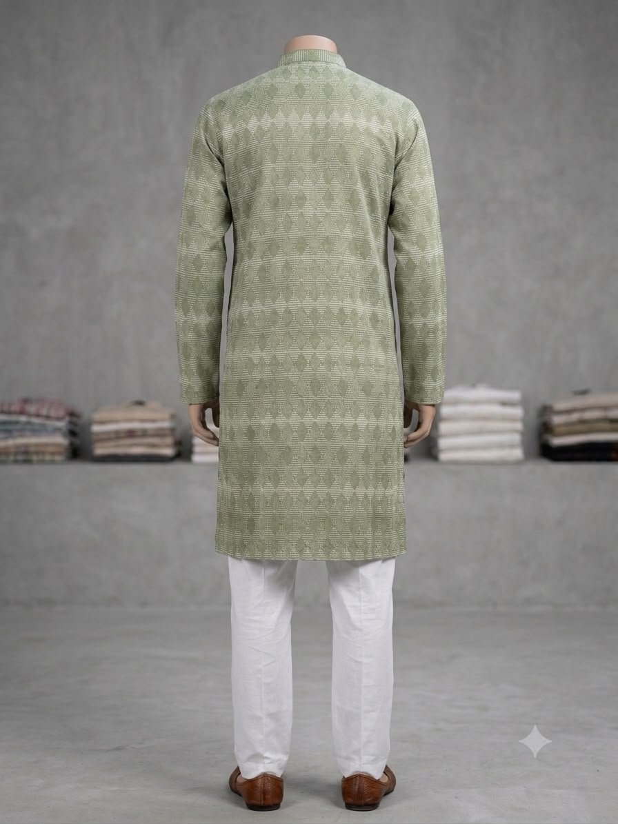 Men's Khadi Full Sleeves Poly Cotton Printed Kurta Set – Sage Green Geometric Print - Image 2