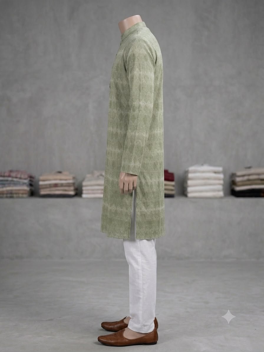 Men's Khadi Full Sleeves Poly Cotton Printed Kurta Set – Sage Green Geometric Print - Image 3