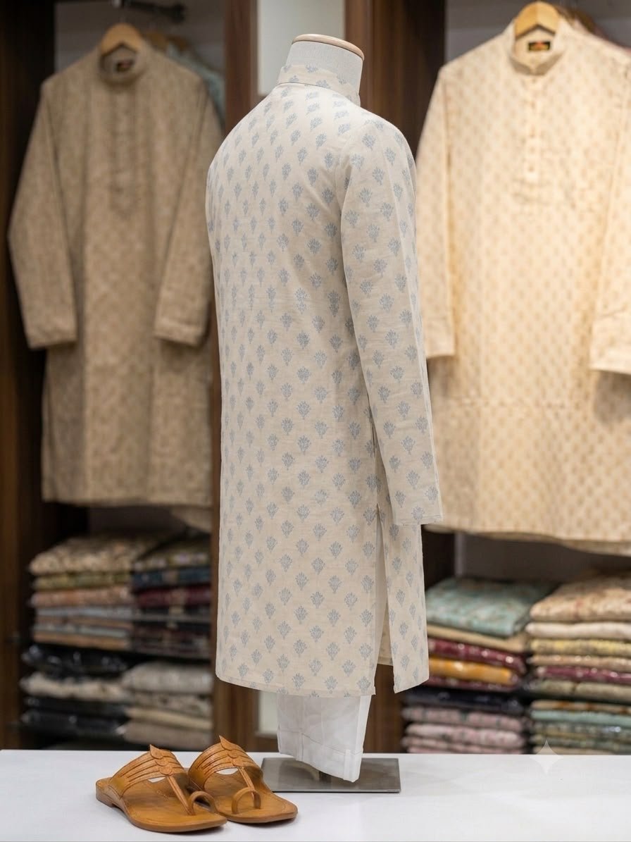 Men's Khadi Full Sleeves Poly Cotton Printed Kurta Set – Cream with Sky Blue Floral Print - Image 3