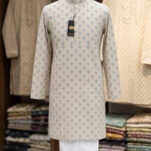 Men's Khadi Full Sleeves Poly Cotton Printed Kurta Set – Cream with Sky Blue Floral Print