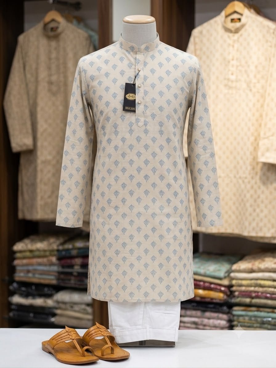 Men's Khadi Full Sleeves Poly Cotton Printed Kurta Set – Cream with Sky Blue Floral Print