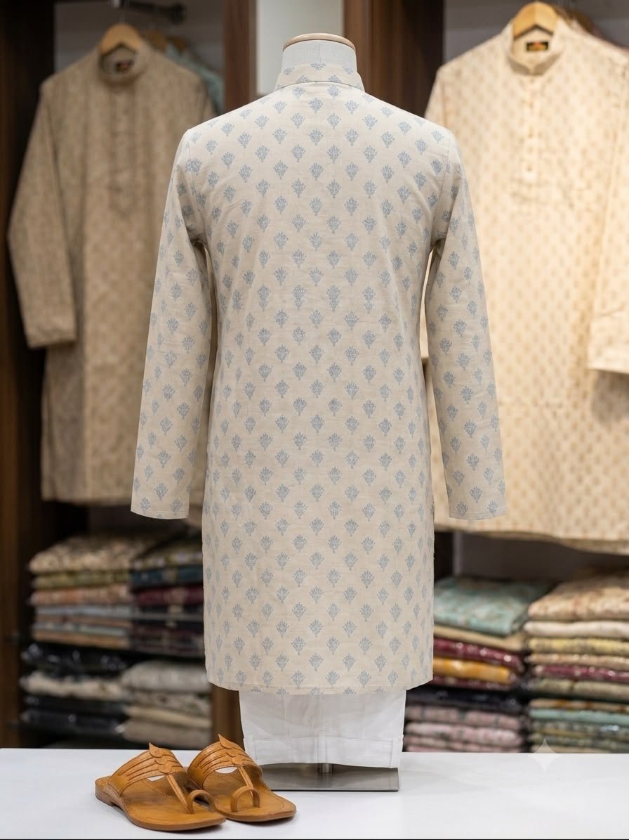 Men's Khadi Full Sleeves Poly Cotton Printed Kurta Set – Cream with Sky Blue Floral Print - Image 2