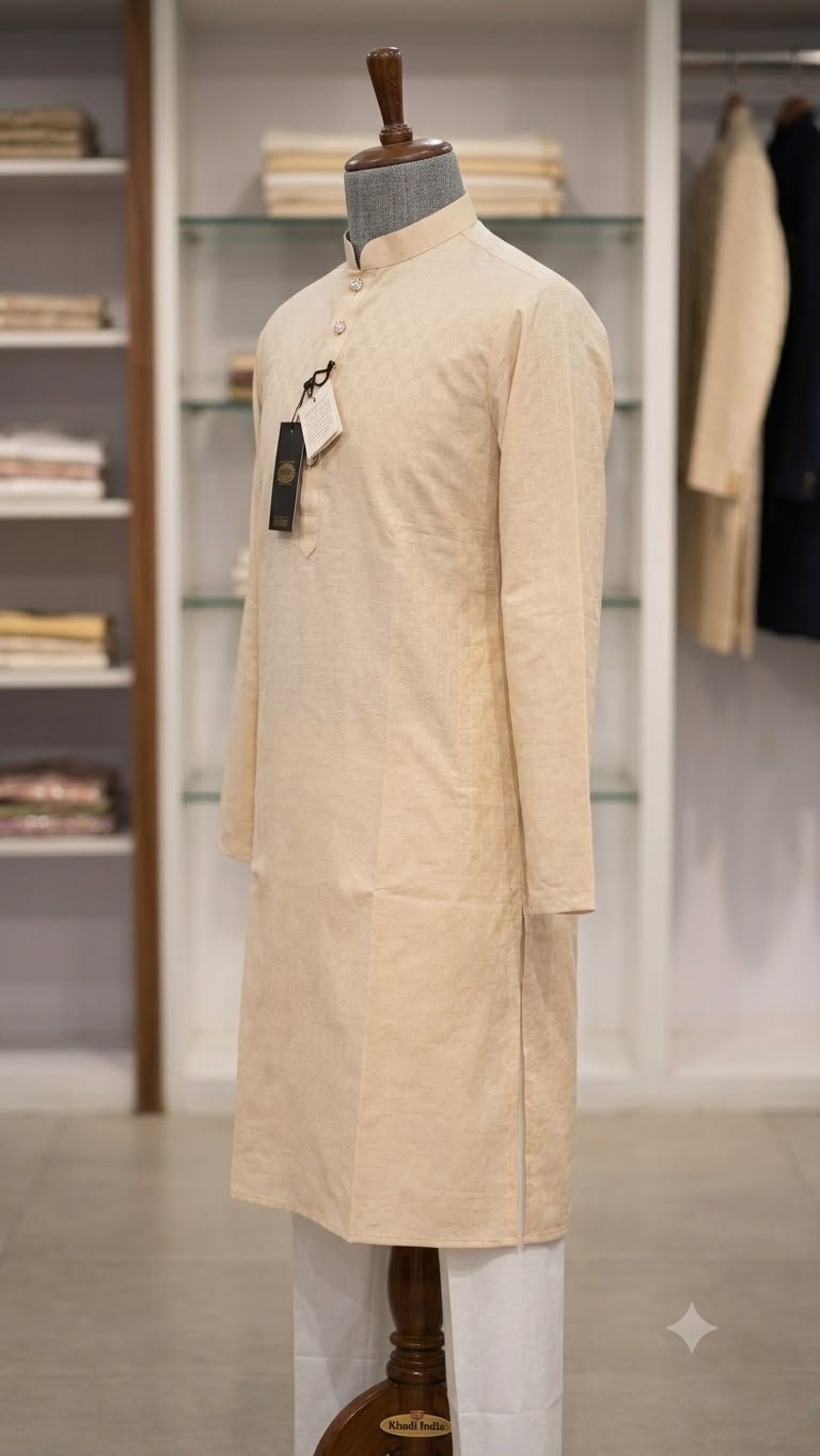 Men's Khadi Full Sleeves Poly Cotton Printed Kurta Set – Beige - Image 2