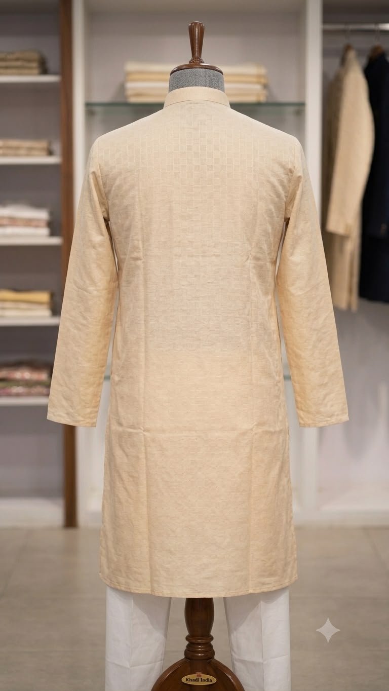 Men's Khadi Full Sleeves Poly Cotton Printed Kurta Set – Beige - Image 3
