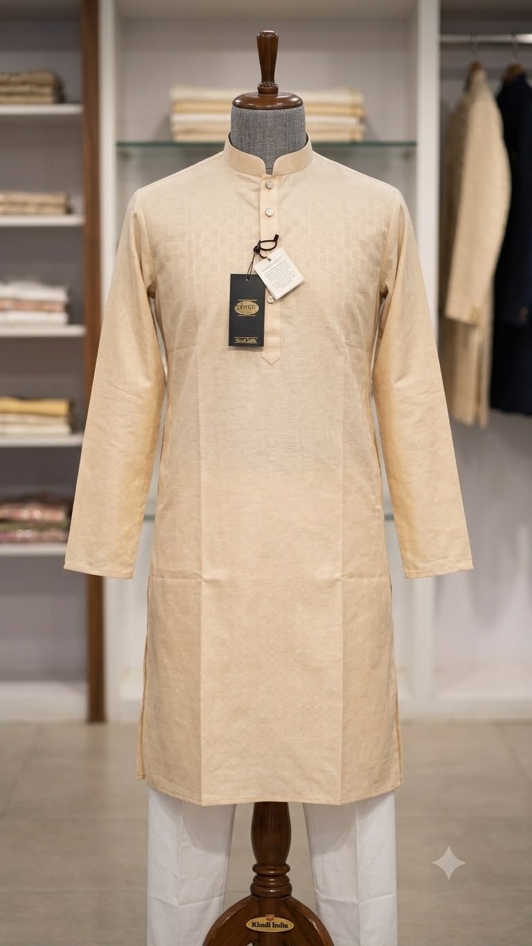 Men's Khadi Full Sleeves Poly Cotton Printed Kurta Set – Beige
