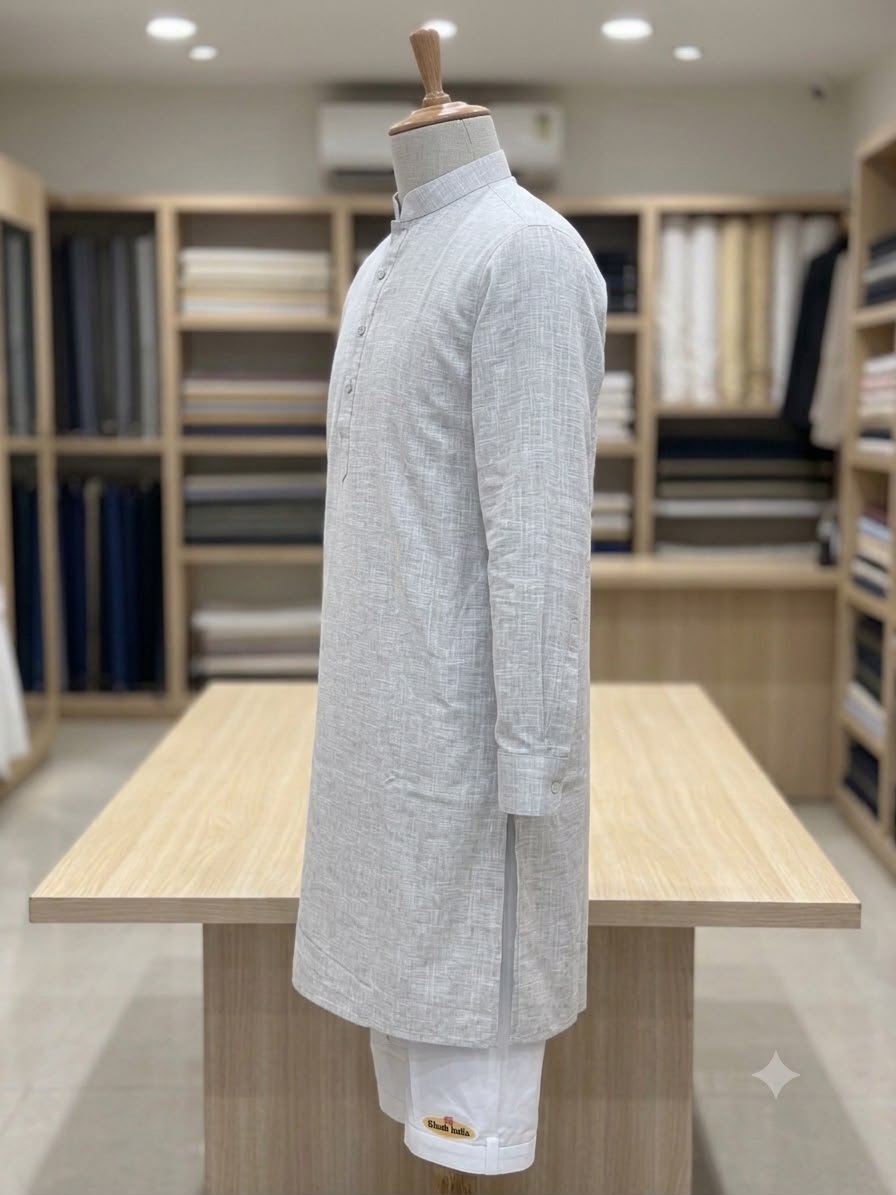 Men's Khadi Full Sleeves Poly Cotton Printed Kurta Set – Light Grey - Image 3