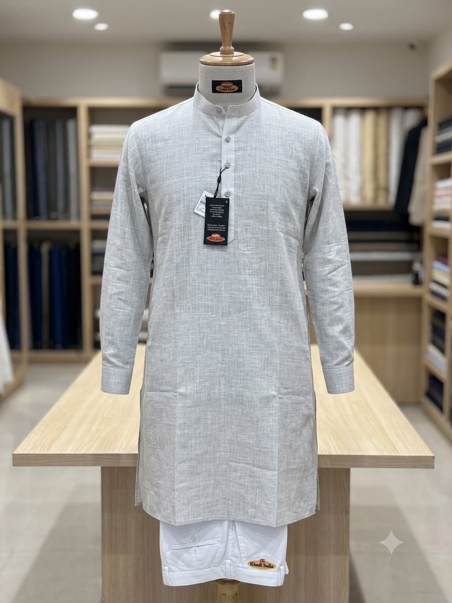 Men's Khadi Full Sleeves Poly Cotton Printed Kurta Set – Light Grey