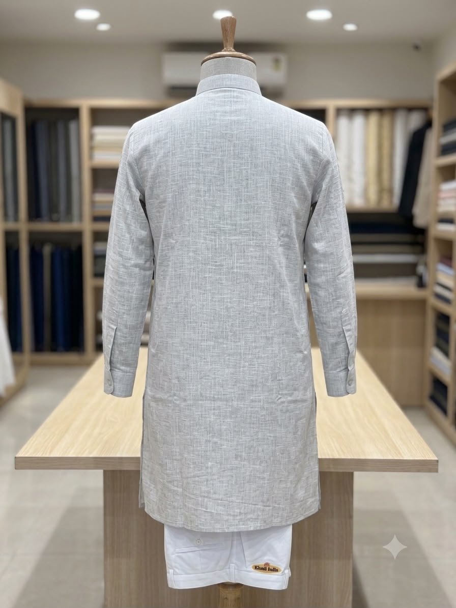 Men's Khadi Full Sleeves Poly Cotton Printed Kurta Set – Light Grey - Image 2
