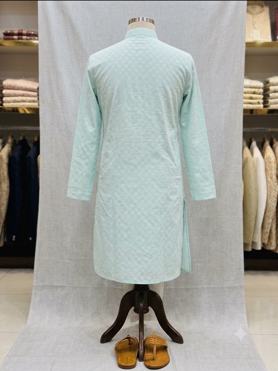 Men's Khadi Full Sleeves Poly Cotton Printed Kurta Set – Mint Green - Image 2