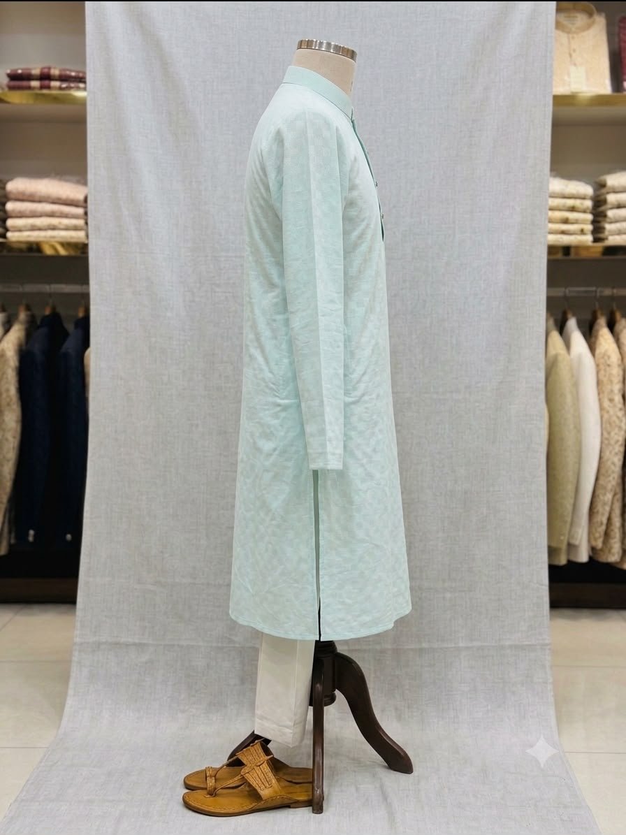 Men's Khadi Full Sleeves Poly Cotton Printed Kurta Set – Mint Green - Image 3