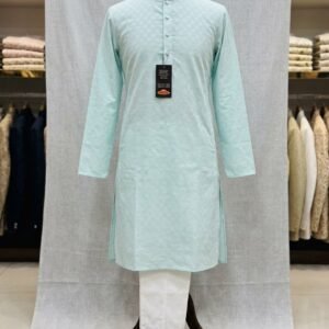 Men's Khadi Full Sleeves Poly Cotton Printed Kurta Set – Mint Green