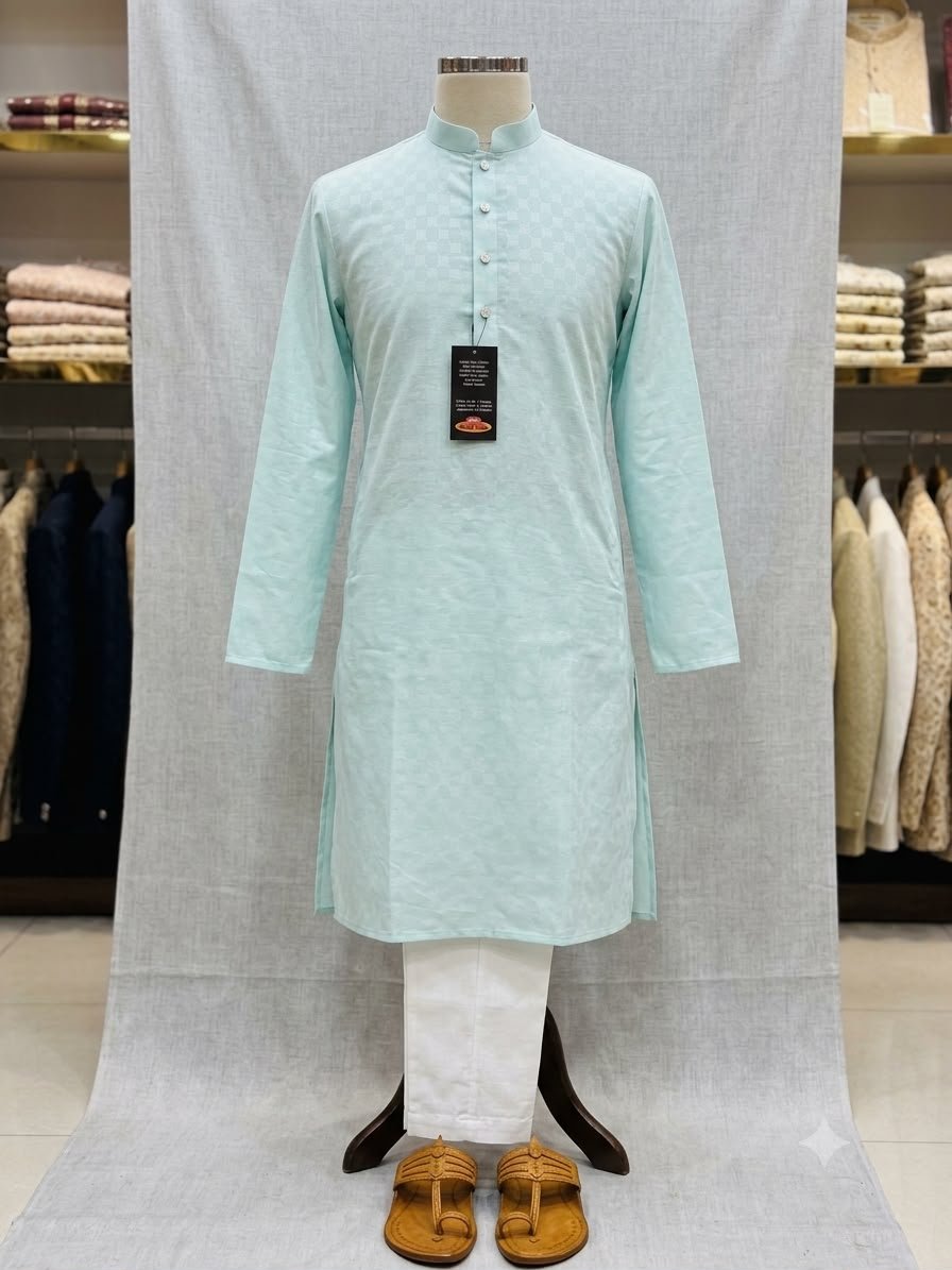 Men's Khadi Full Sleeves Poly Cotton Printed Kurta Set – Mint Green